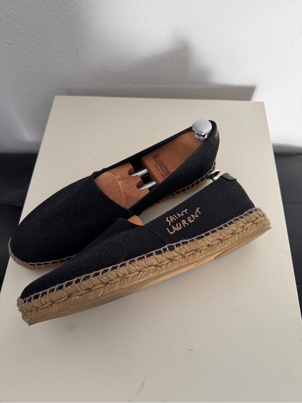 Saint Laurent Black Canvas Espadrille Loafers with Jute Sole